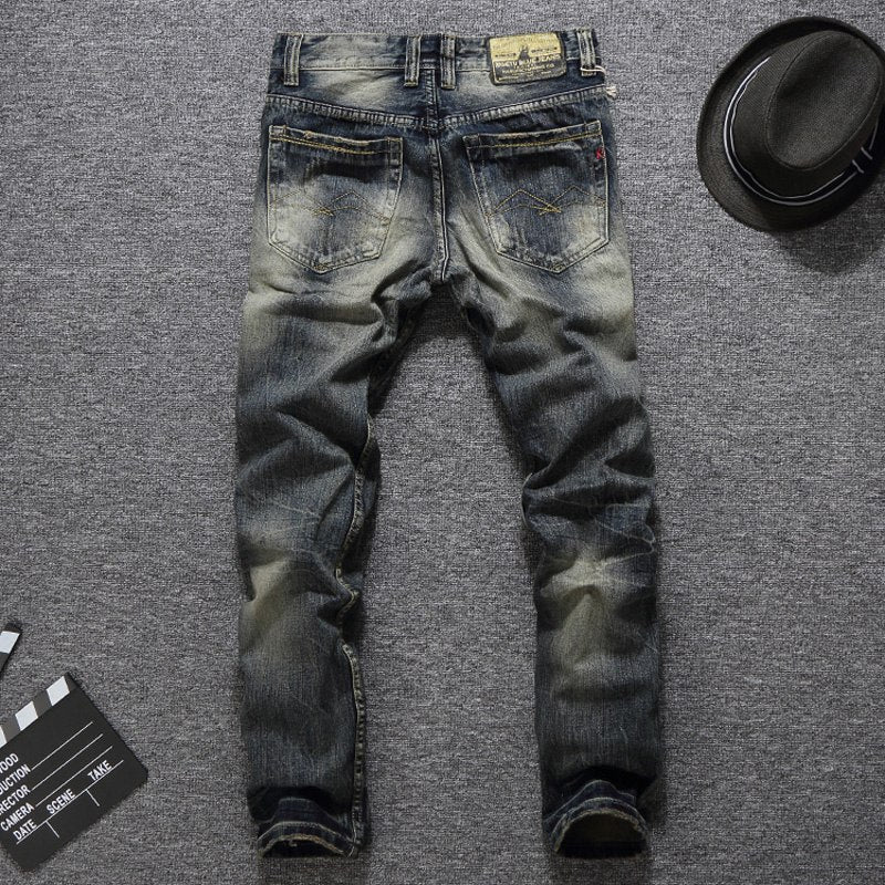 Men Jeans Vintage Retro Style Slim Fit Ripped Jeans