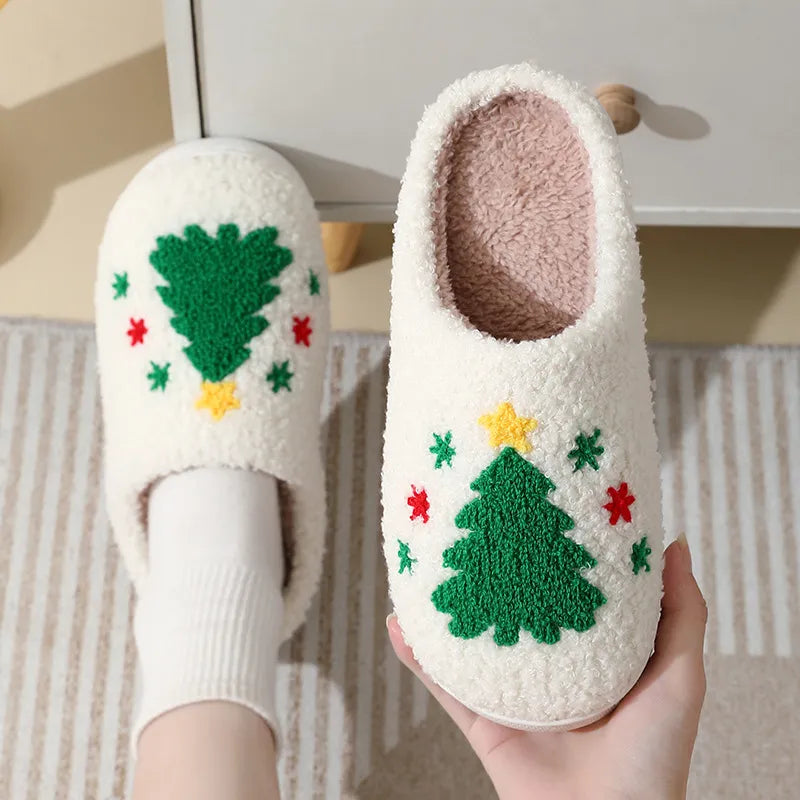 Women Fluffy House Slippers Women Men Lovely Cartoon Christmas Indoor House Slides Shoes Cozy Couples Plush Cotton Flat Shoes