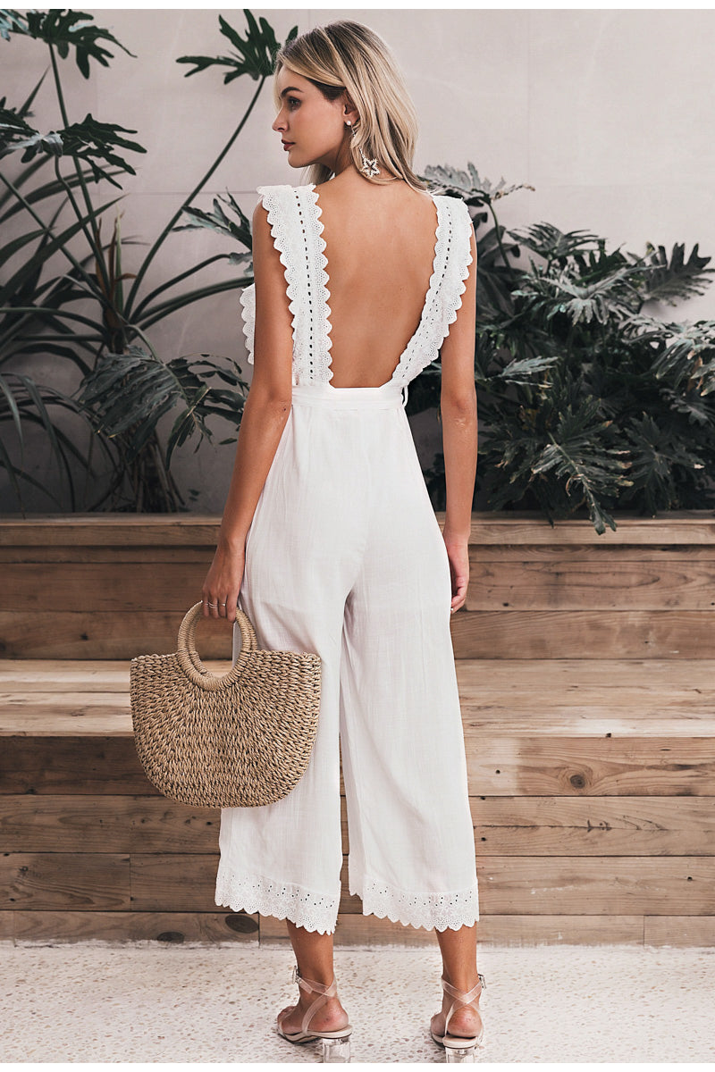 Linen Ruffled Embroidered Jumpsuit