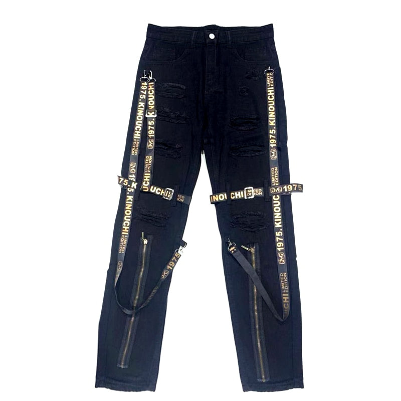 Mens Skinny Strapped Cargo Jeans- Black & Cream