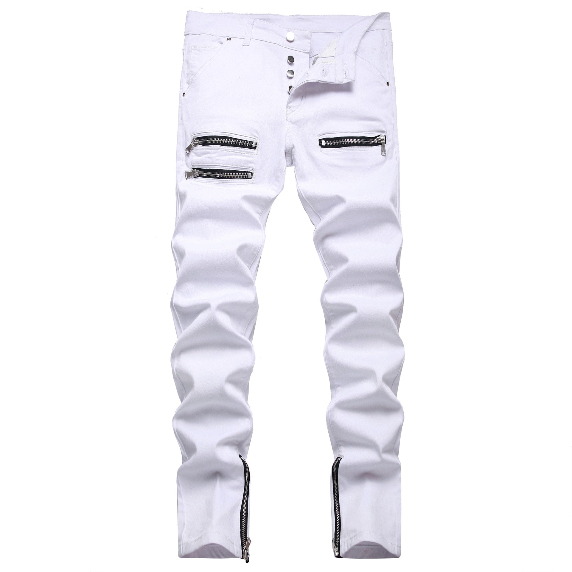 White Tri-Zipper Ripped Skinny Jeans